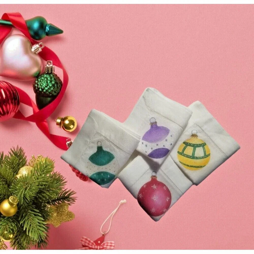 Holiday Christmas Linen Napkins Set of 4 Painted Ornament 4 Designs Large SET B*